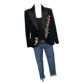 Splendido blazer vintage 80s Escada 40 Perline ricamate, seta nera e cotone Nero