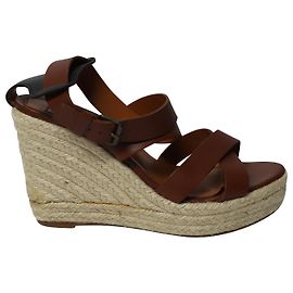 Lanvin Espadrille Wedge Sandals in Brown Leather Brown