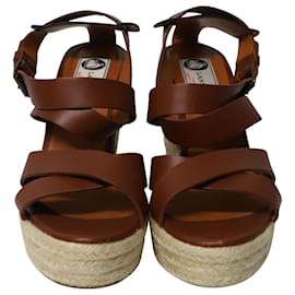 Lanvin-Lanvin Espadrille Wedge Sandals in Brown Leather-Brown
