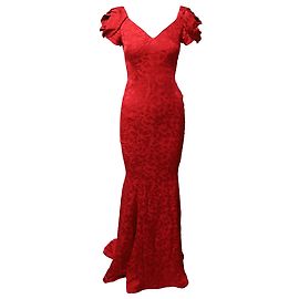 Zac Posen Robe de Soirée Brodée Florale en Satin Rouge Rouge