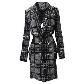 Balmain Striped Double Breasted Tweed Coat in Grey Wool Grey