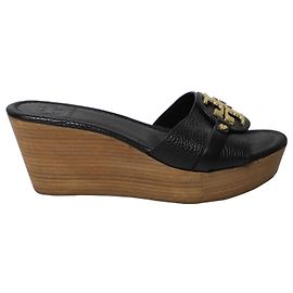 Sandali Tory Burch Patti con zeppa e tacco in legno in pelle nera Nero