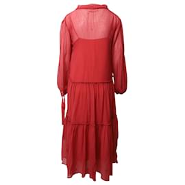 See by Chloé-See by Chloe Tiered Gathered Midi Dress in Red Cotton Silk-Blend Crepon-Red