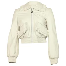 Fendi-Fendi Ruffle Cropped Jacket in White Lambskin Leather-White