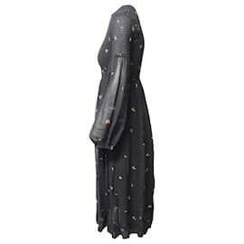 Ganni-Ganni Robe mi-longue georgette smockée à imprimé fleuri en viscose noire-Autre
