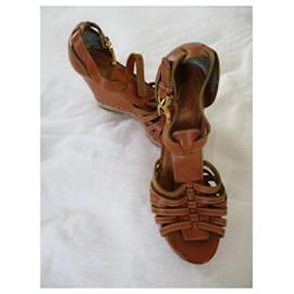 Chloé-Camel leather wedge sandals, 37,5.-Caramel
