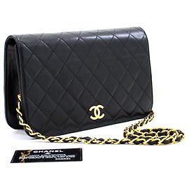 CHANEL Full Flap Bolsa de Ombro com Corrente Clutch Pele de Cordeiro Acolchoada Preta Preto