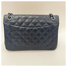 Chanel-Classic jumbo lined flap in caviar-Black,Silvery,Blue