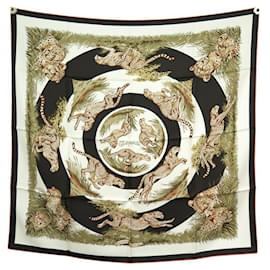 Hermès-NEUF FOULARD HERMES GUEPARDS DALLET CARRE 90 EN SOIE NOIR KAKI SILK SCARF NEW-Blanc