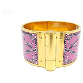 Hermès-NEW HERMES CHARNIERE MARINE LEATHER XL BRACELET 16CM EMAIL GOLD NEW BANGLE-Pink