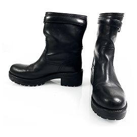Prada Schwarzes Leder Pull On Booties Stiefel Low Heels Winterschuhe Größe 37 Schwarz