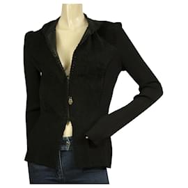 Roberto Cavalli-Roberto Cavalli Class Black Suede & Ribbed Fabric Cardigan Cardi Jacket sz 46-Negro