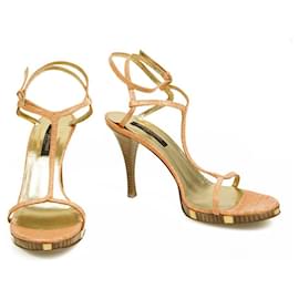 Sergio Rossi-Sergio Rossi Salmon Pink Leather Wooden Heel Sandals Ankle Strap Shoes size 40-Pink