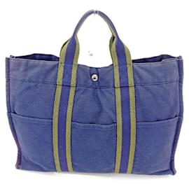 Hermès-[Used] Hermes Tote Bag Handbag Tote MM Fool To Navy x Green Cotton Canvas HERMES-Green,Navy blue
