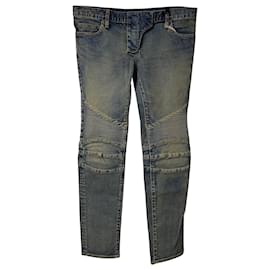 Balmain-Jeans Biker Balmain lavado em algodão cáqui-Verde,Caqui