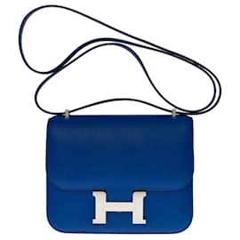 Hermès-Splendid Hermès Constance Mini shoulder bag 18 in Royal Blue Epsom leather, palladium silver metal trim-Blue