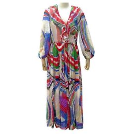 NEW CHANEL ABITO CAMICIA LUNGO APERTO IN CHIFFON DI SETA M 40 Vestito di seta Multicolore