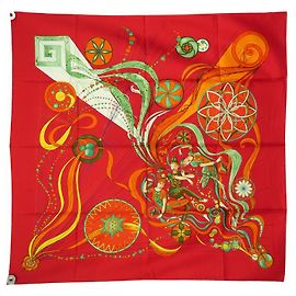 Hermès LENÇO HERMES A DANÇA DA QUADRA DO COSMOS 90 LENÇO DE SEDA VERMELHO DE SEDA PAUWELLS Vermelho