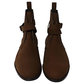Saint Laurent-Saint Laurent Ankle Boots with Strap in Brown Suede-Brown
