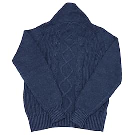 Loro Piana-Loro Piana Ribbed V Neck Cable Knit Sweater in Blue Linen-Blue