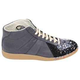 Maison Martin Margiela-Maison Martin Paint Drop High Top Sneakers in Black Calfskin Leather-Black