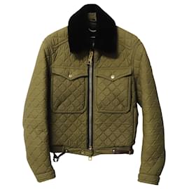 Burberry-BURBERRY PRORSUM Fall 2014 Mink Collar Quilted Bomber Jacket in Green Cotton-Green,Olive green