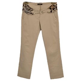 Pantalón capri Roberto Cavalli de algodón beige con cinturón de seda con estampado de leopardo Blanco Crudo