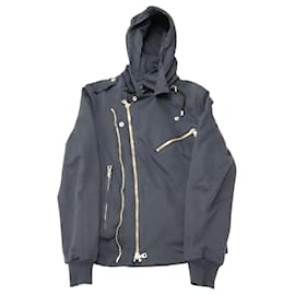 Balmain-Balmain lined Zip Biker Hooded Jacket in Navy Blue Cotton-Blue