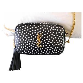 Saint Laurent Camera Bag Bolsa de ombro couro preto bolinhas brancas Preto Branco
