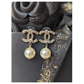 Chanel-CC B15V logo crystal pearl drop classic large earrings in box-Golden