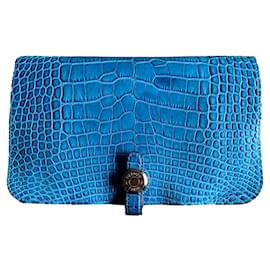 Hermès-Portemonnaie Dogon aus Krokodilleder-Blau