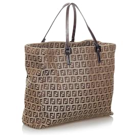 Fendi-Fendi Brown Zucchino Canvas Tote Bag-Brown,Beige