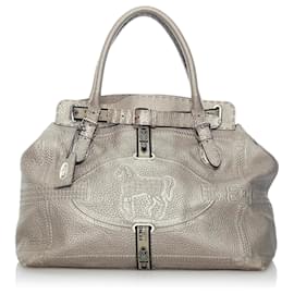 Fendi-Sac à main en cuir argenté Fendi Selleria Grand Borghese-Argenté