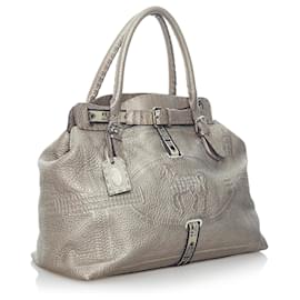 Fendi-Sac à main en cuir argenté Fendi Selleria Grand Borghese-Argenté