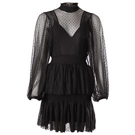 Vestido Maje Tule com Folhos em Poliamida Preta Preto