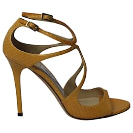 Jimmy Choo-Jimmy Choo Lang 100 Strappy Sandals in Yellow Snakeskin Leather-Yellow