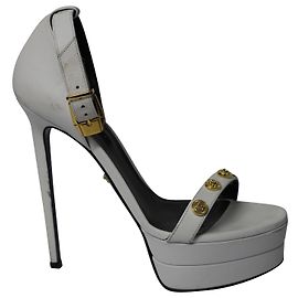 Versace Embellished Platform Sandals in White Leather White