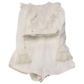 Self portrait-Self Portrait Lace Trimmed Playsuit with Belt in White Cotton-White,Cream