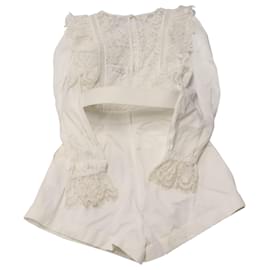 Self portrait-Self Portrait Lace Trimmed Playsuit with Belt in White Cotton-White,Cream
