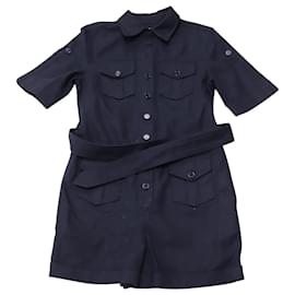 Equipment-Equipment Paulena Belted Twill Playsuit in Navy Blue Cotton-Navy blue