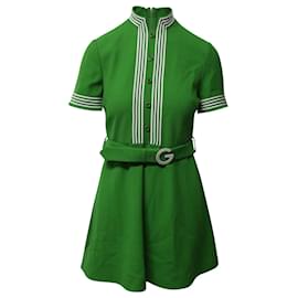 Gucci-Abito Gucci in lana verde con cintura e bordo a righe-Verde