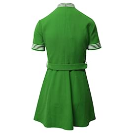 Gucci-Gucci Robe ceinturée bordée de rayures en laine verte-Vert