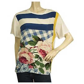 Weekend Max Mara Silk Multicolor Floral & Stripes T-Shirt Bluse Top Größe L Mehrfarben