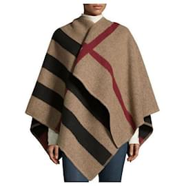 Burberry-Mantella poncho in lana check Burberry e coperta kosher-Beige