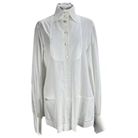 Chanel-White Pintucked Cotton Shirt Blouse Size 38 fr-White