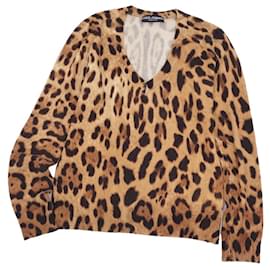 Dolce & Gabbana-[Occasion] Dolce & Gabbana Maille Cachemire 100% Pull léopard Hauts à motif léopard à col en V pour femmes 46 (L équivalent)-Marron