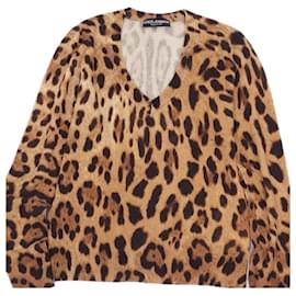 Dolce & Gabbana-[Occasion] Dolce & Gabbana Maille Cachemire 100% Pull léopard Hauts à motif léopard à col en V pour femmes 46 (L équivalent)-Marron