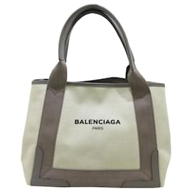 Balenciaga-Balenciaga Brown Navy Cabas S Canvas Tote Bag-Brown,Beige,Grey