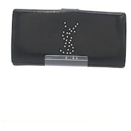 Yves Saint Laurent-YVES SAINT LAURENT Long wallet / leather / BLK / plain / studs / 7 cards / coin case-Black