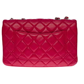 Chanel-Splendid Chanel Classic flap bag with gussets in raspberry quilted lambskin, Garniture en métal argenté,-Pink